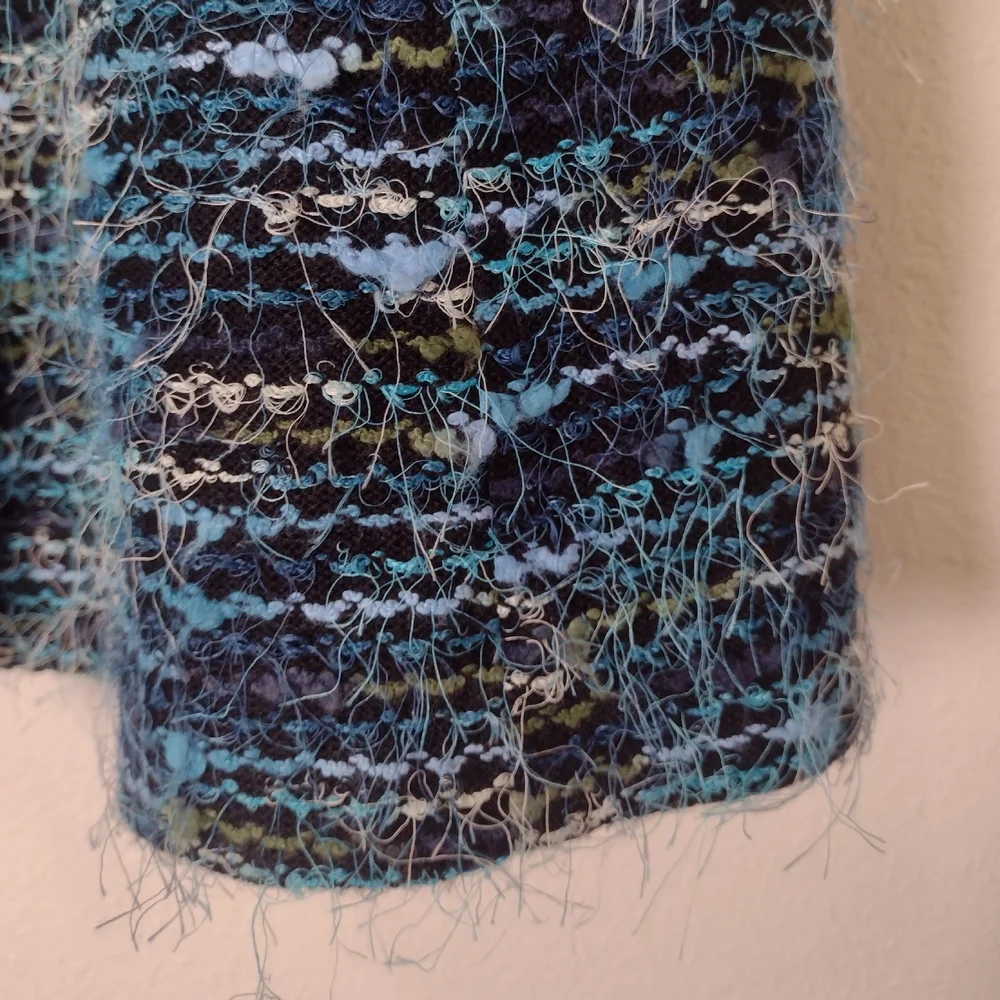Laura Ashley Y2K Boucle Eyelash Fringe Coat Blue Green Black Stripe Size M